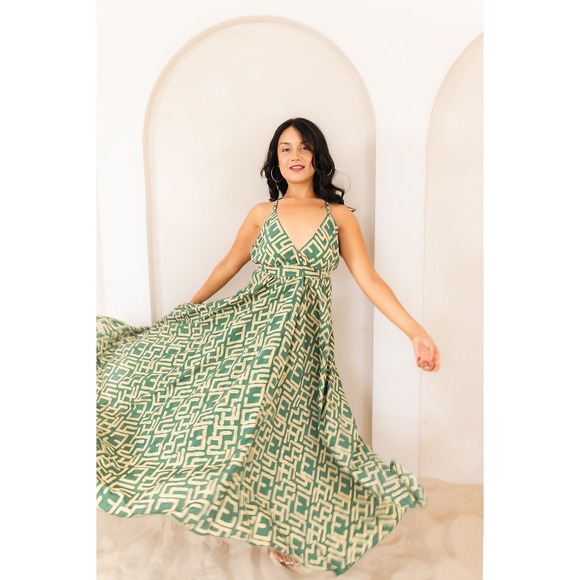The Vacation Dress Green Gold Geometric Print Sleeveless Party Maxi Dress 1X - Picture 2 of 5